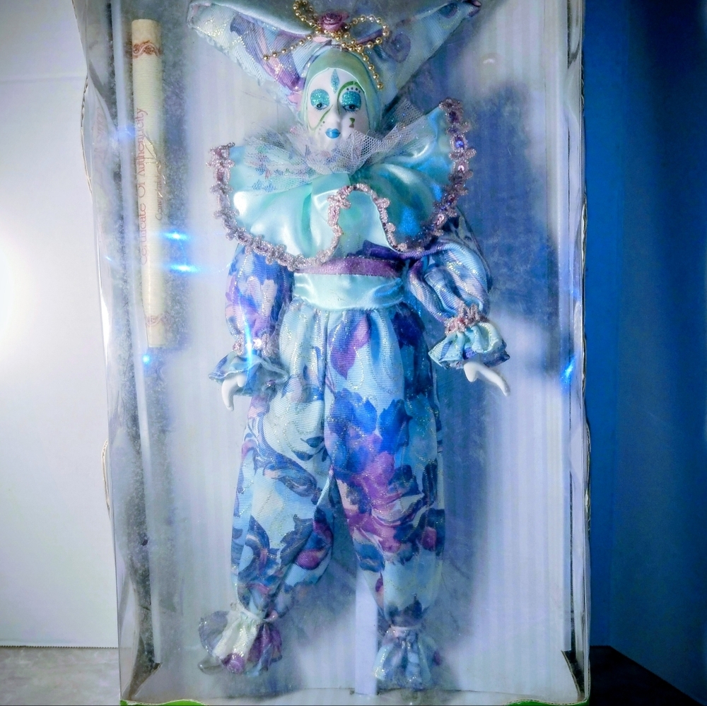 Colorful Harlequin Doll with Floral Outfit